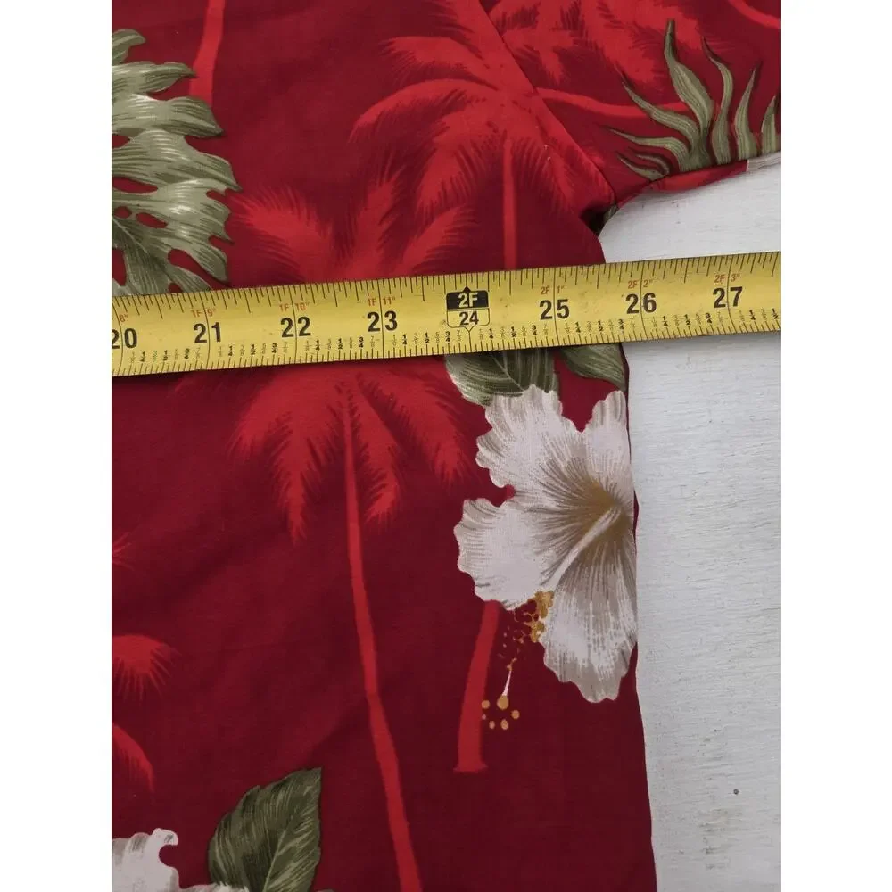Rima Mens XL Button Up Hawaiian Shirt Red Floral Palms Short Sleeve Aloha